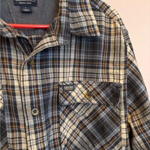 SMITH'S Workwear Plaid Flannel Shirt Jacket in Blue, Cream & Brown Large